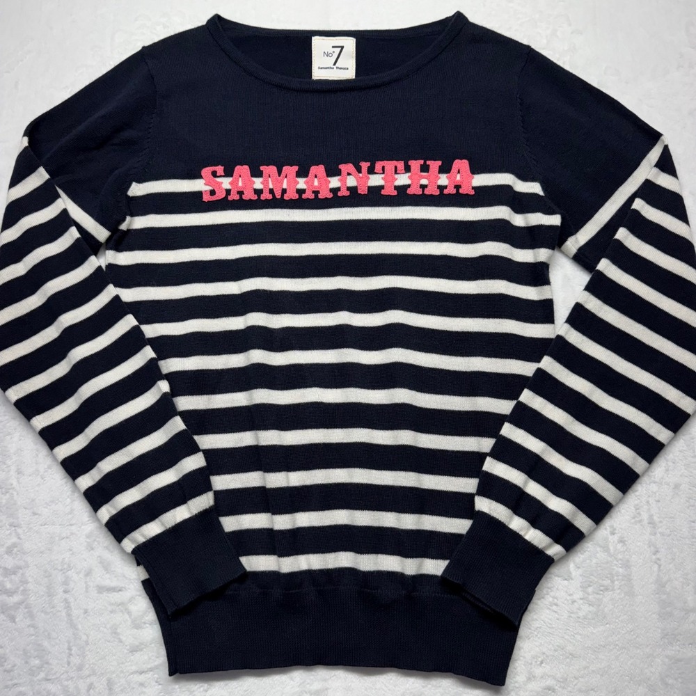 Samantha Thavasa No 7 Golf Sweater Womens S 40 Navy Cream Striped Pink Logo